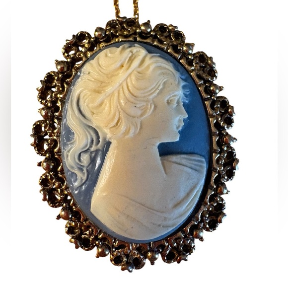 None Jewelry - Hand Carved Cameo Brooch, Mid Century (1950’s) Gold Tone Blue & White Brooch.